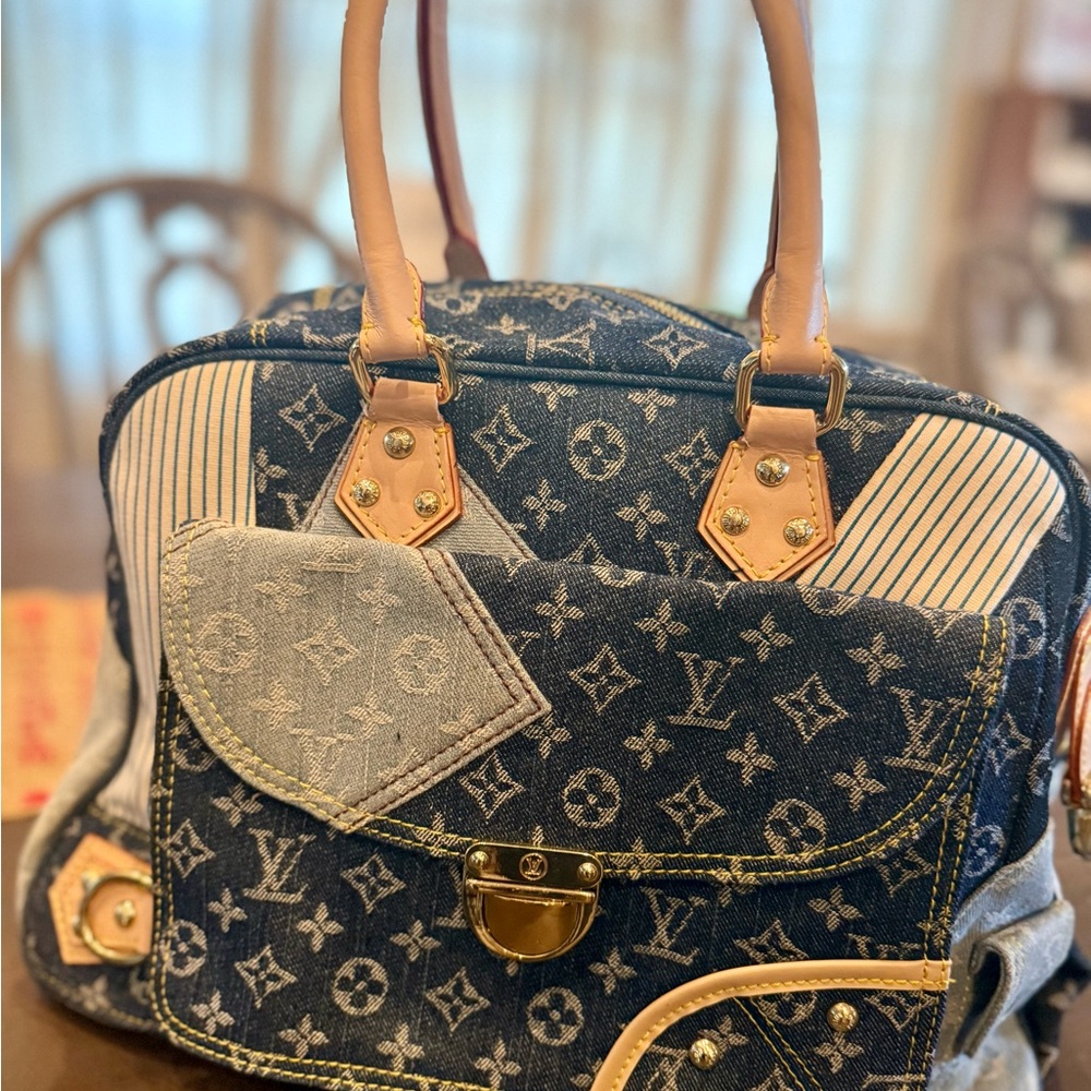 Louis Vuitton Blue Denim and Tan Leather Satchel